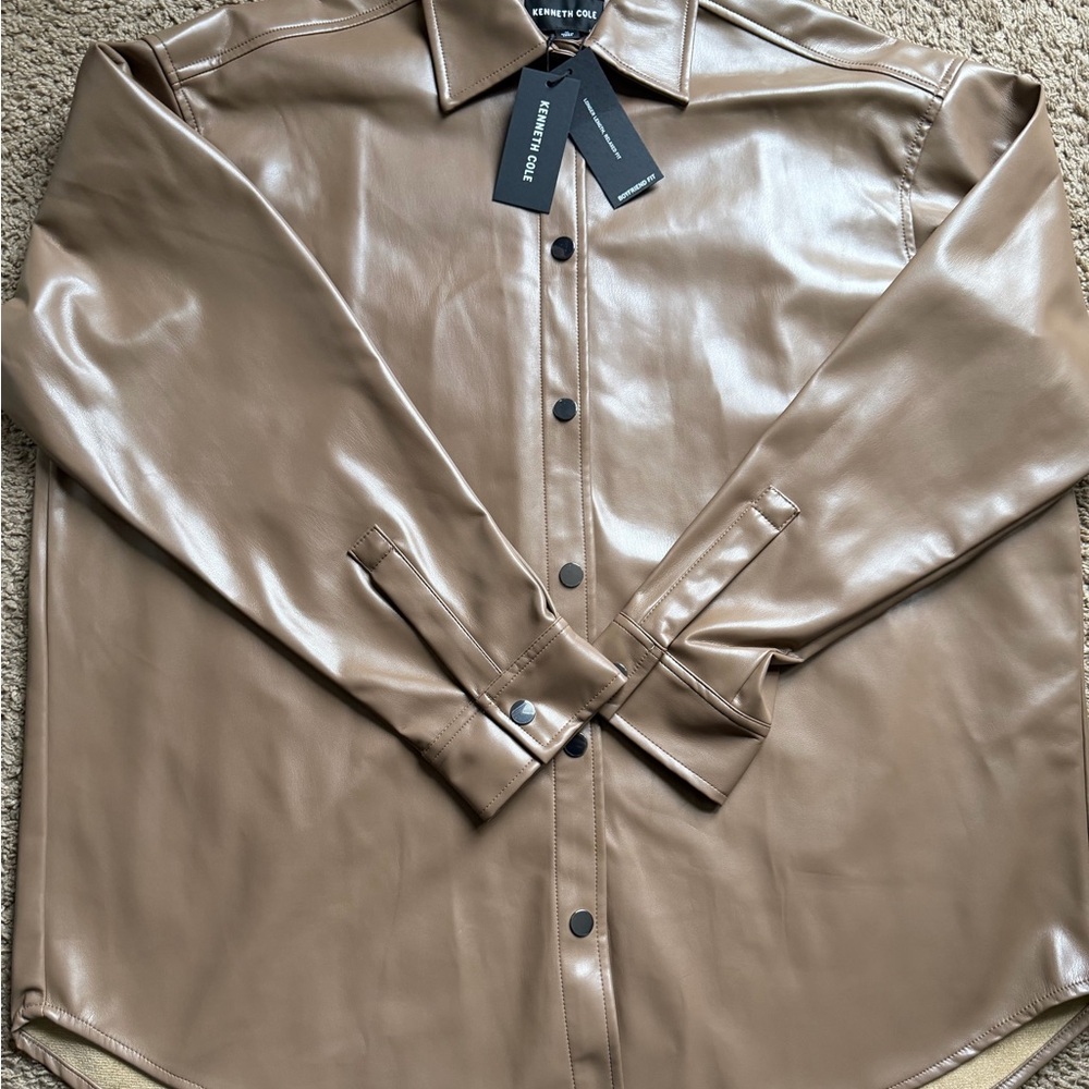 Kenneth Cole Women’s Faux Leather Boyfriend Shirt Jacket in Wheatgrass